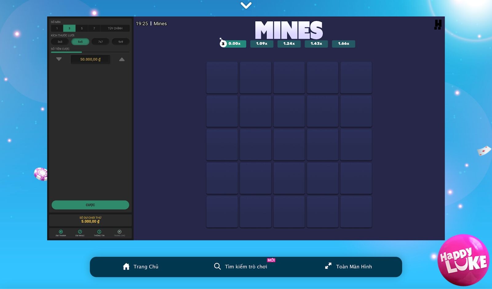 Mines là trò chơi kỹ năng Happyluke đòi hỏi tính quyết đoán cao